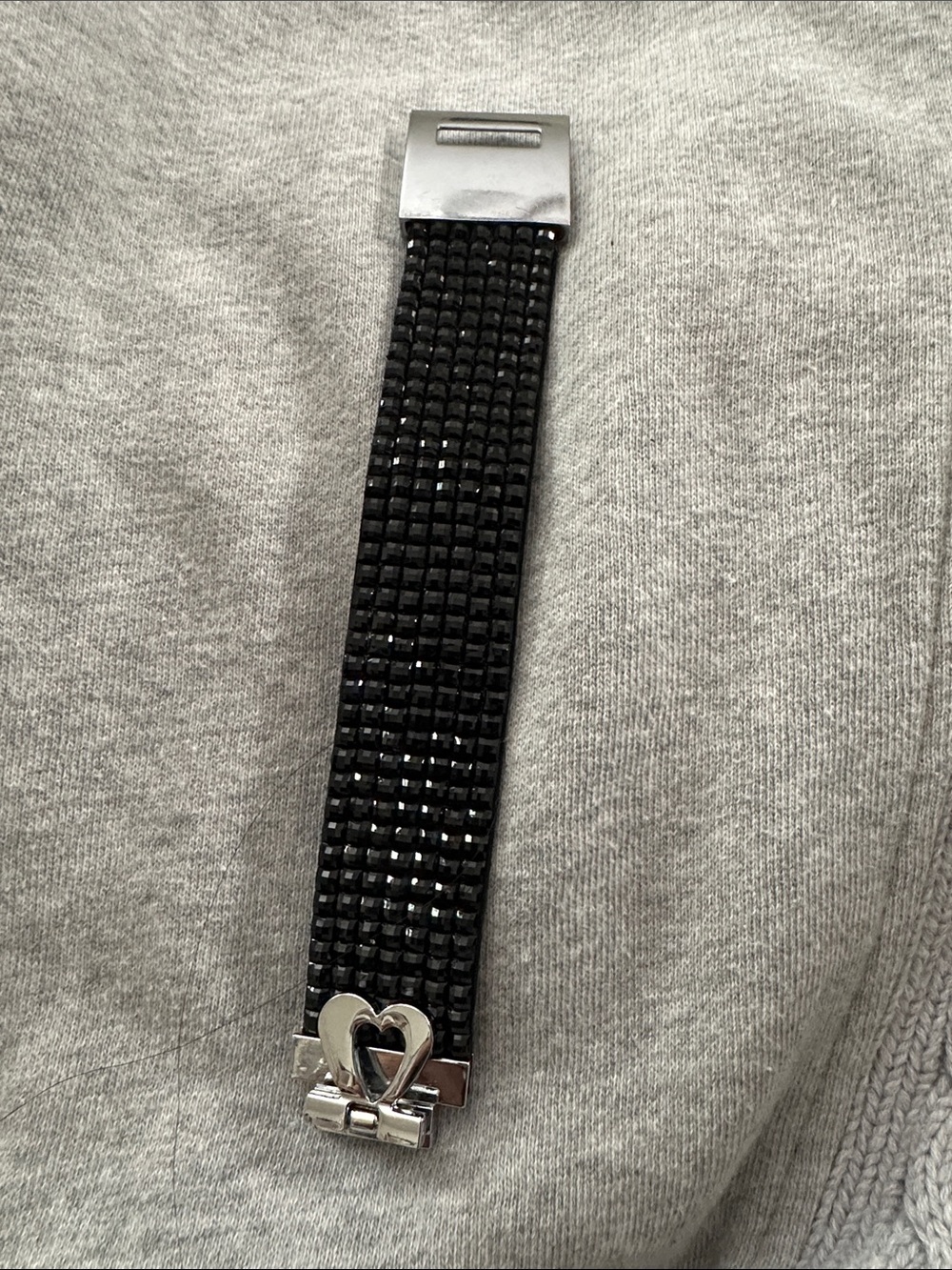Black Rhinestone Bracelet with Silver Heart Clasp 8 inches Bracelet
